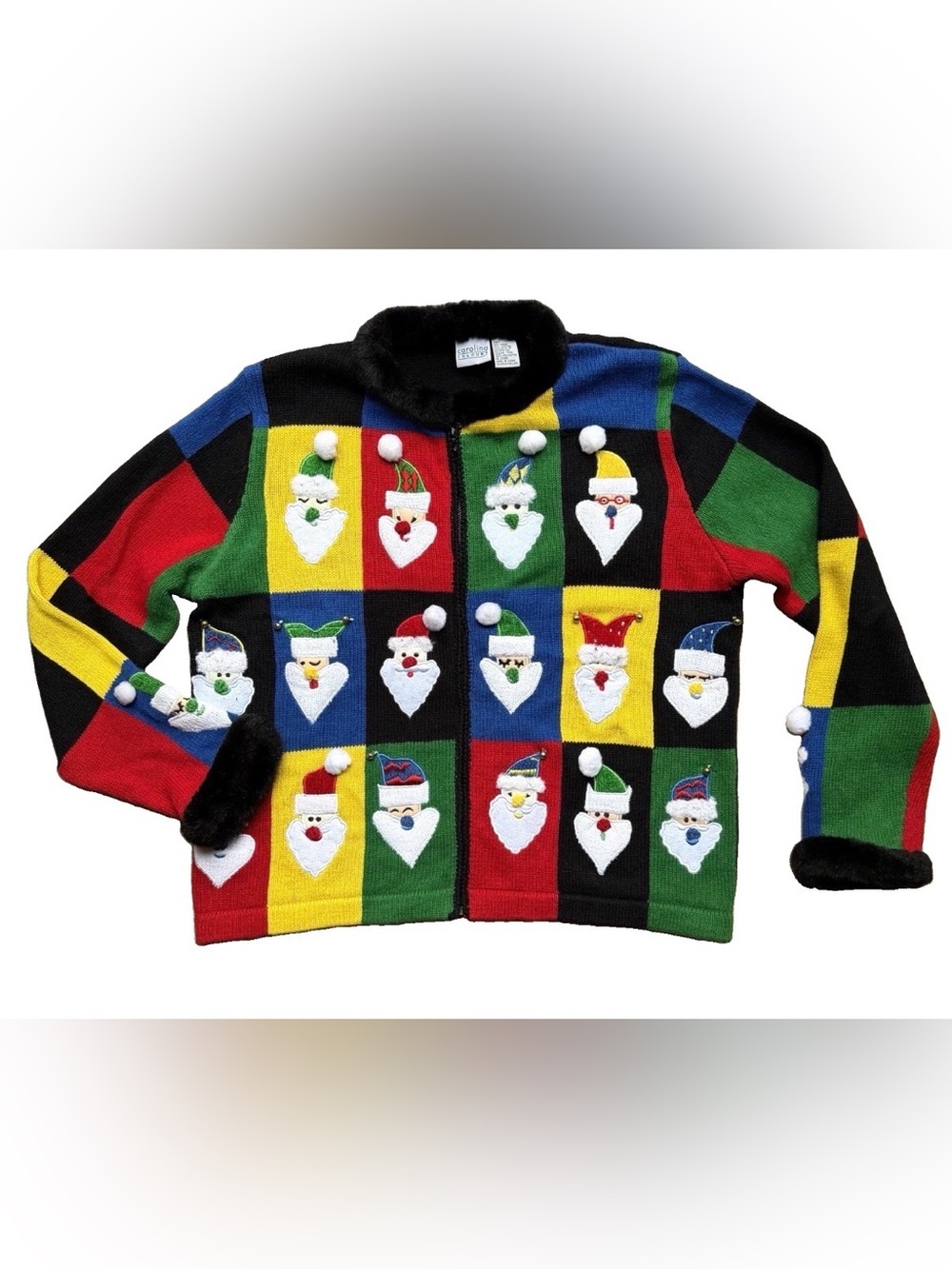 Carolina Colours Christmas Cardigan Women M Santa Faux Fur Zip Vintage Holiday
